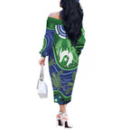 Torres Strait Islands Off The Shoulder Long Sleeve Dress Dhari Turtles Sea Animal Aboriginal Dot Art