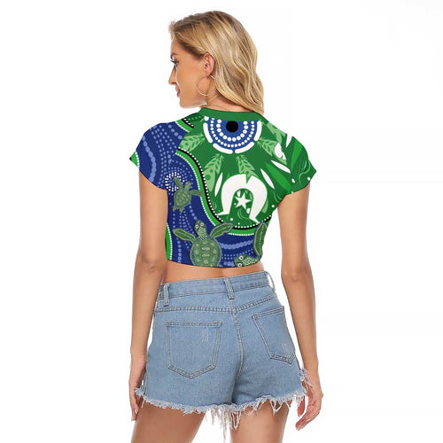 Torres Strait Islands Raglan Cropped T Shirt Dhari Turtles Sea Animal Aboriginal Dot Art