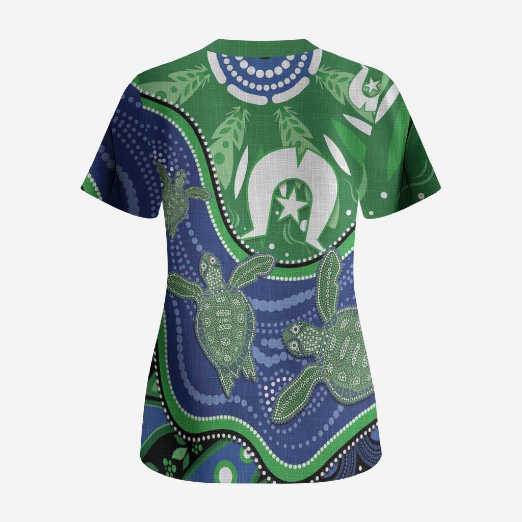 Torres Strait Islands Scrub Top Dhari Turtles Sea Animal Aboriginal Dot Art