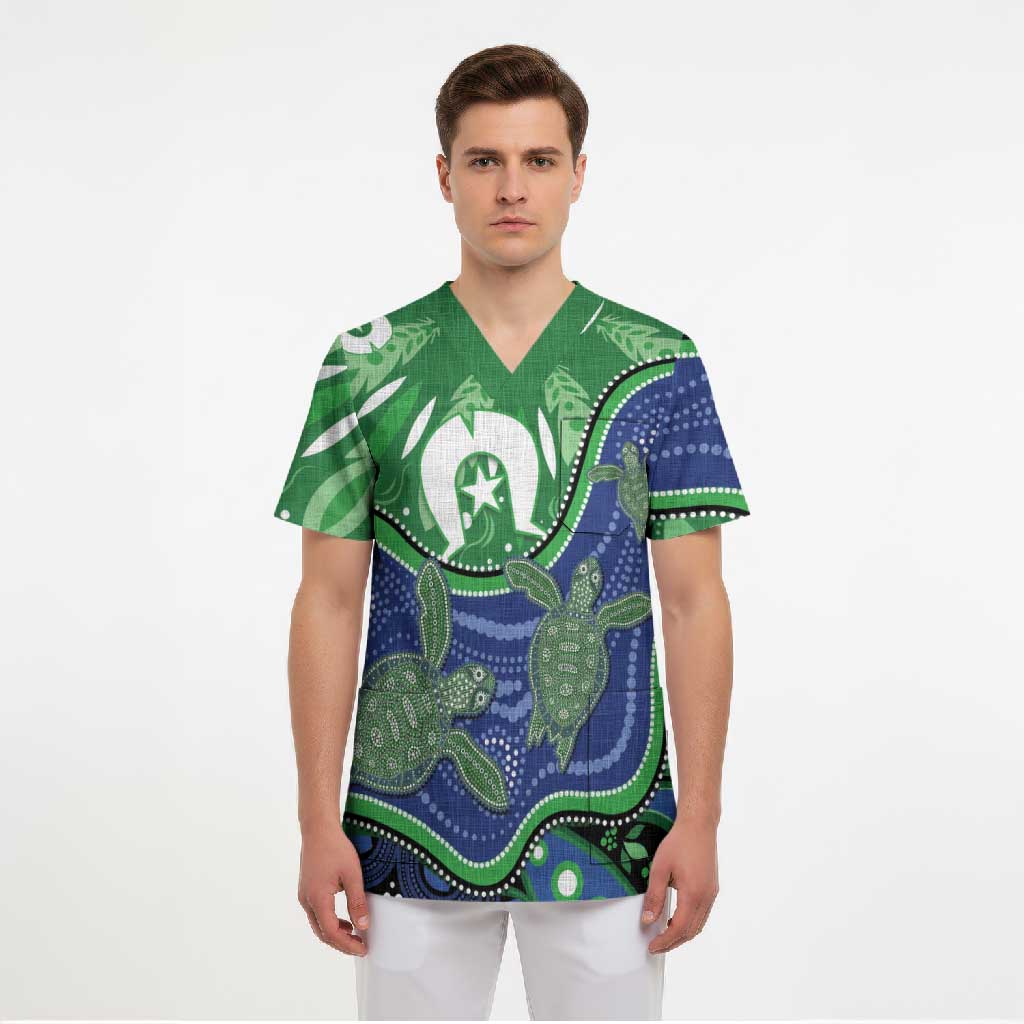 Torres Strait Islands Scrub Top Dhari Turtles Sea Animal Aboriginal Dot Art