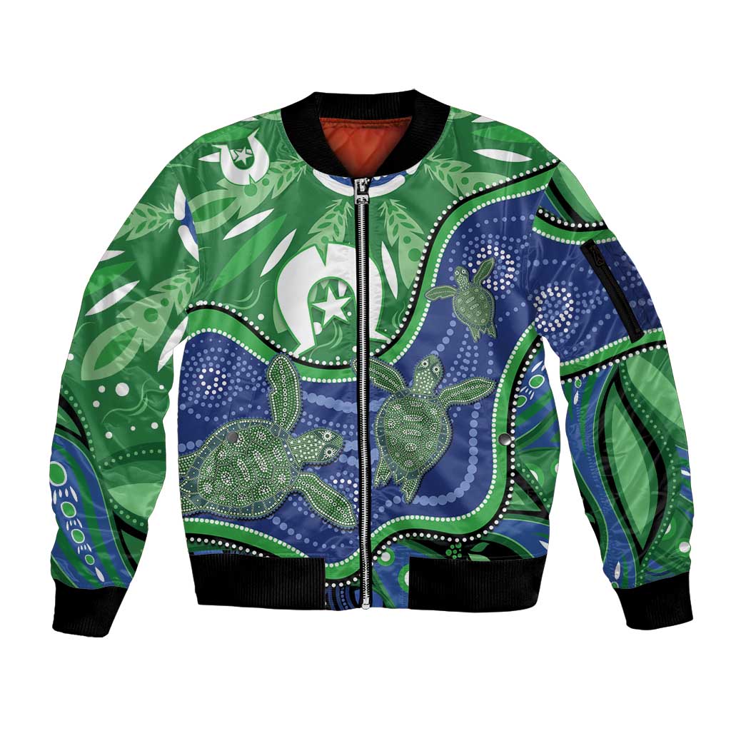 Torres Strait Islands Sleeve Zip Bomber Jacket Dhari Turtles Sea Animal Aboriginal Dot Art