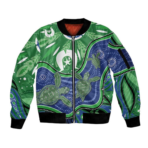Torres Strait Islands Sleeve Zip Bomber Jacket Dhari Turtles Sea Animal Aboriginal Dot Art