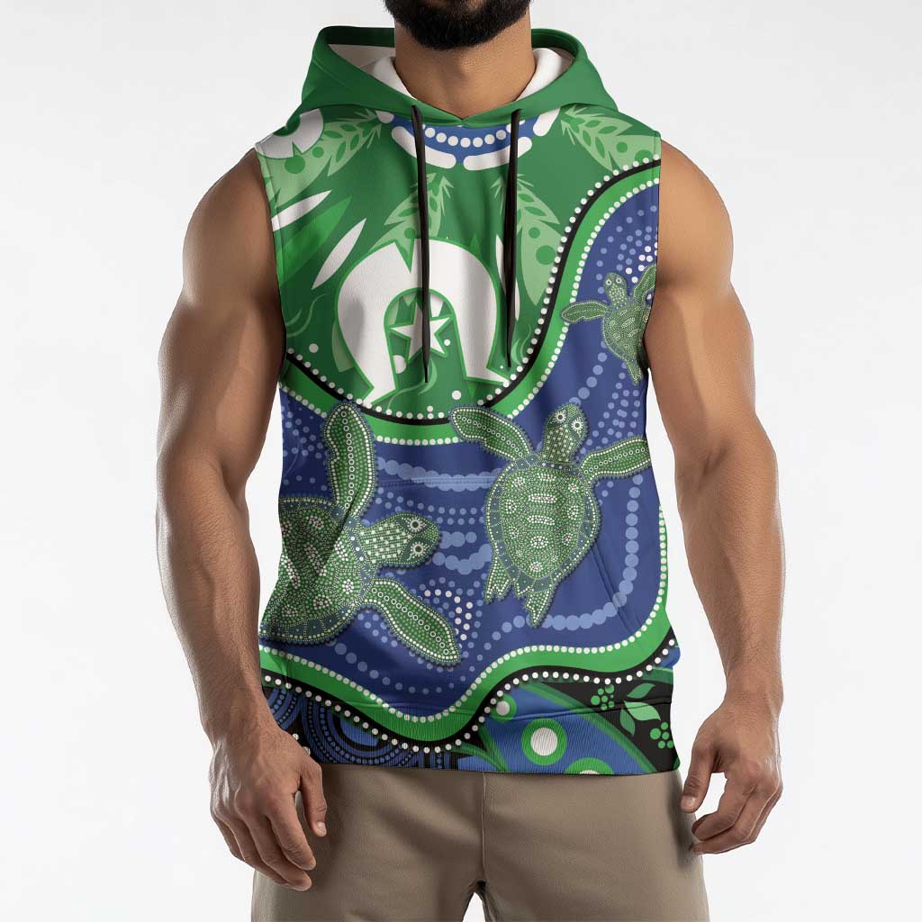 Torres Strait Islands Sleeveless Hoodie Dhari Turtles Sea Animal Aboriginal Dot Art