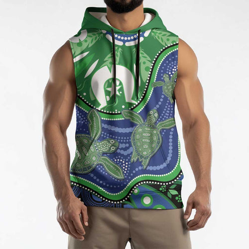 Torres Strait Islands Sleeveless Hoodie Dhari Turtles Sea Animal Aboriginal Dot Art