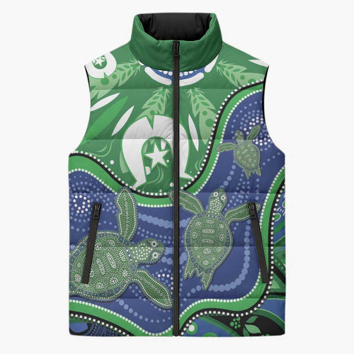 Torres Strait Islands Sleeveless Puffer Jacket Dhari Turtles Sea Animal Aboriginal Dot Art