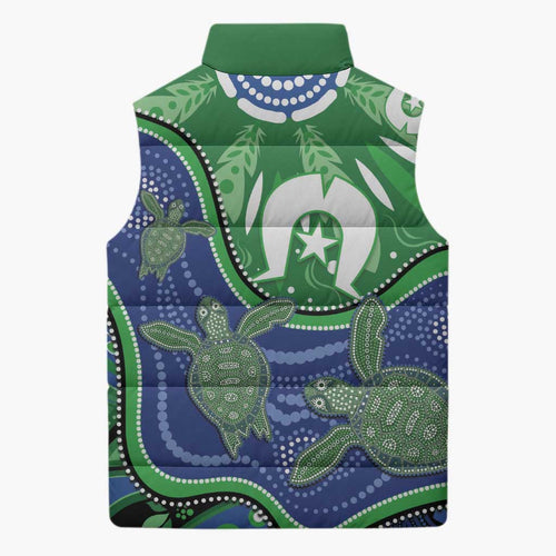 Torres Strait Islands Sleeveless Puffer Jacket Dhari Turtles Sea Animal Aboriginal Dot Art