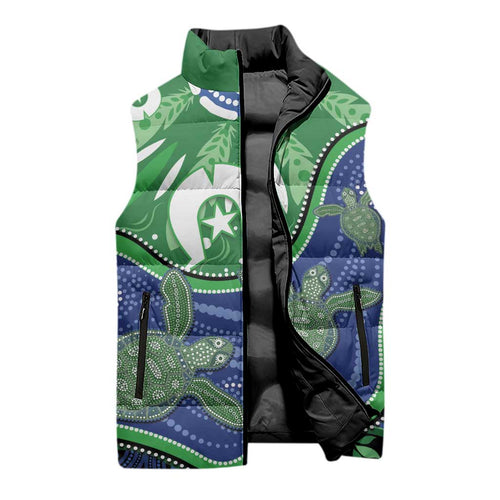 Torres Strait Islands Sleeveless Puffer Jacket Dhari Turtles Sea Animal Aboriginal Dot Art