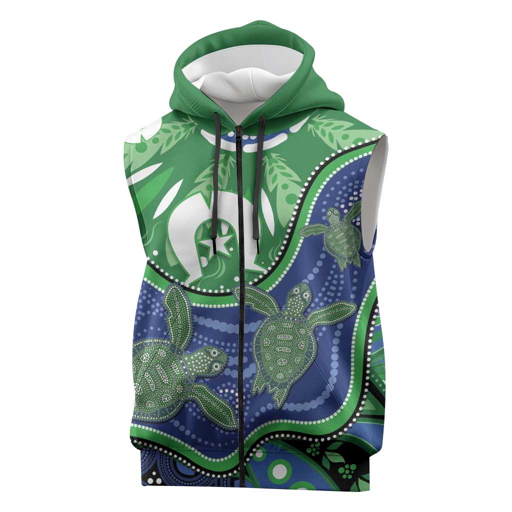 Torres Strait Islands Sleeveless Zip Hoodie Dhari Turtles Sea Animal Aboriginal Dot Art