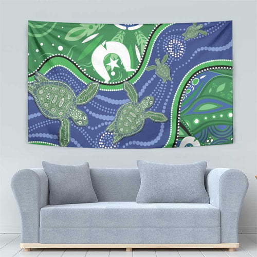 Torres Strait Islands Tapestry Dhari Turtles Sea Animal Aboriginal Dot Art