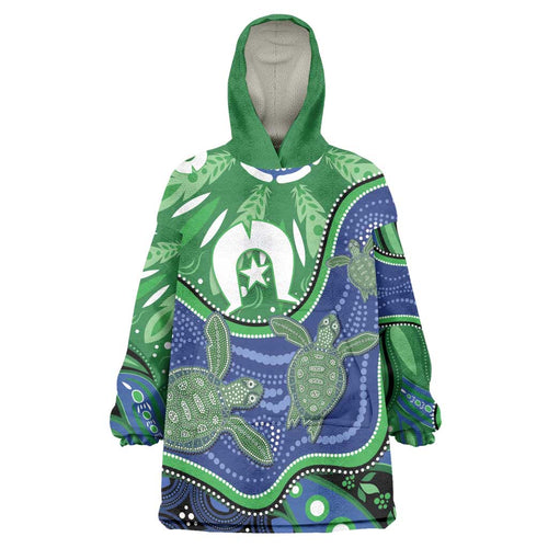 Torres Strait Islands Wearable Blanket Hoodie Dhari Turtles Sea Animal Aboriginal Dot Art