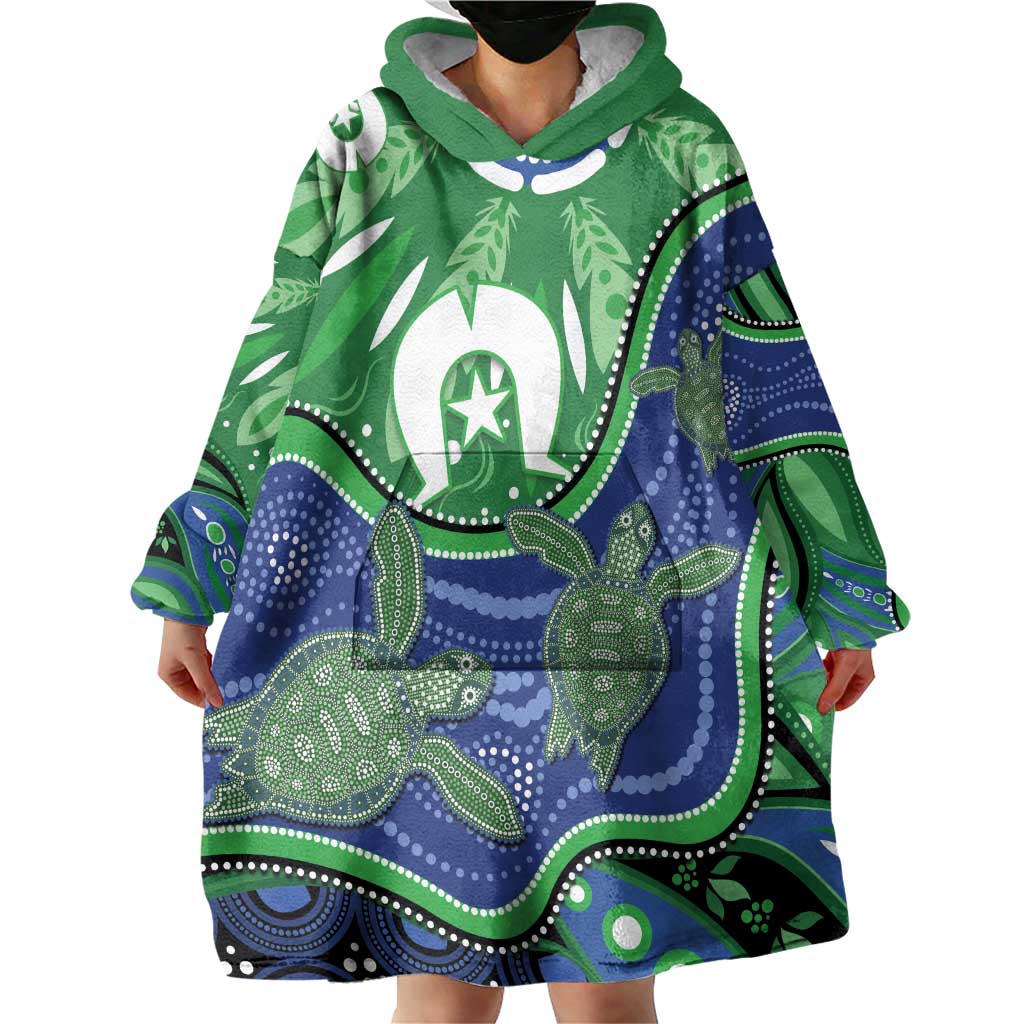Torres Strait Islands Wearable Blanket Hoodie Dhari Turtles Sea Animal Aboriginal Dot Art