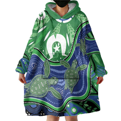 Torres Strait Islands Wearable Blanket Hoodie Dhari Turtles Sea Animal Aboriginal Dot Art