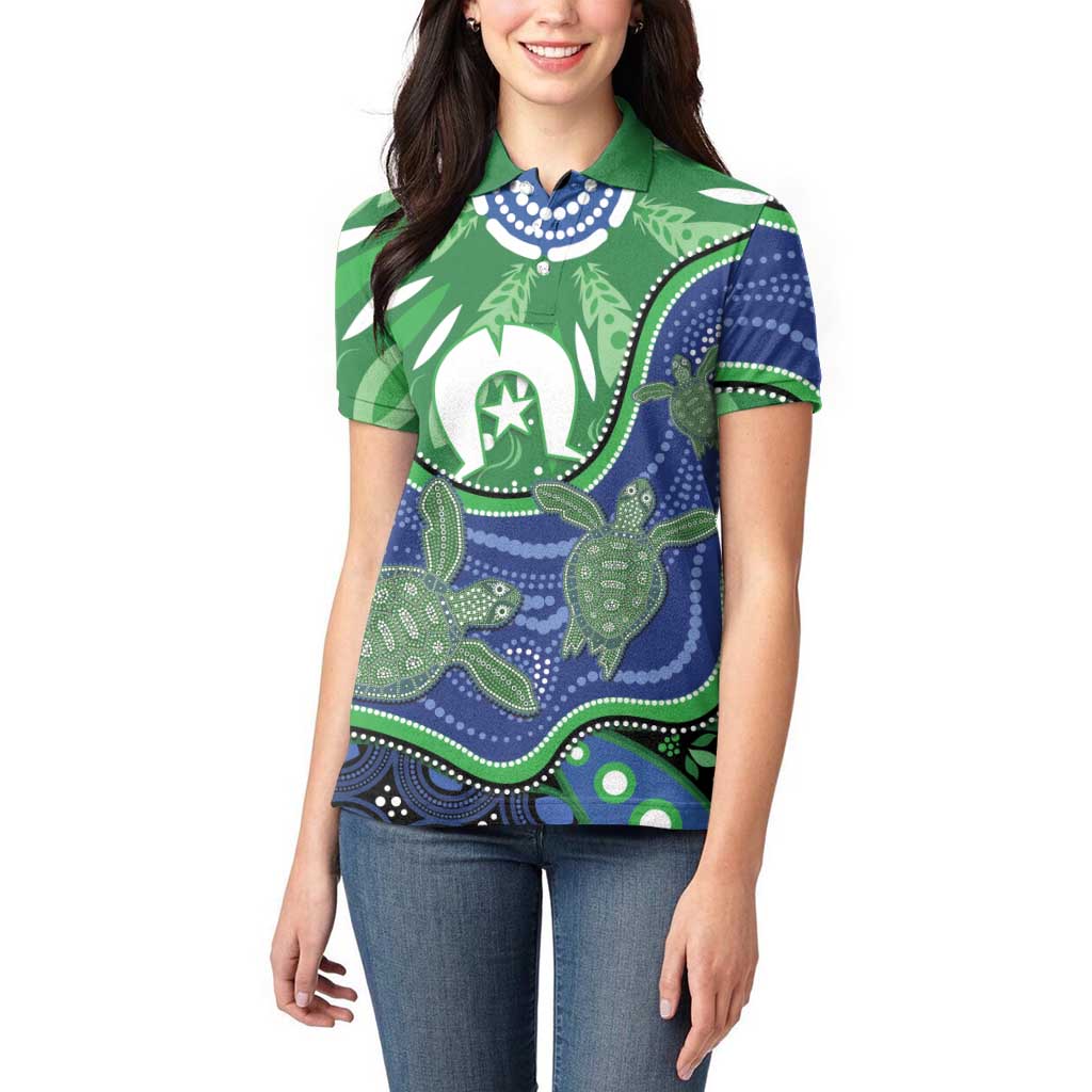 Torres Strait Islands Women Polo Shirt Dhari Turtles Sea Animal Aboriginal Dot Art