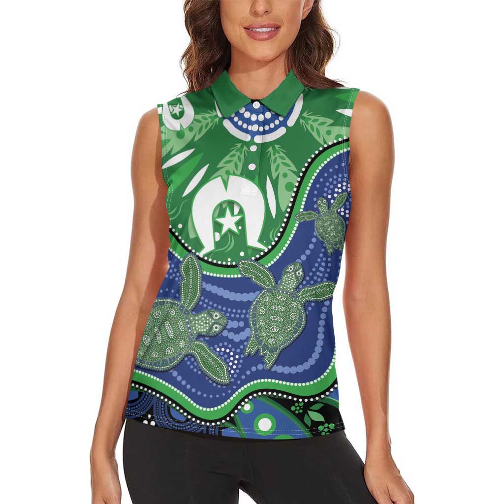 Torres Strait Islands Women Sleeveless Polo Shirt Dhari Turtles Sea Animal Aboriginal Dot Art