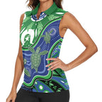 Torres Strait Islands Women Sleeveless Polo Shirt Dhari Turtles Sea Animal Aboriginal Dot Art