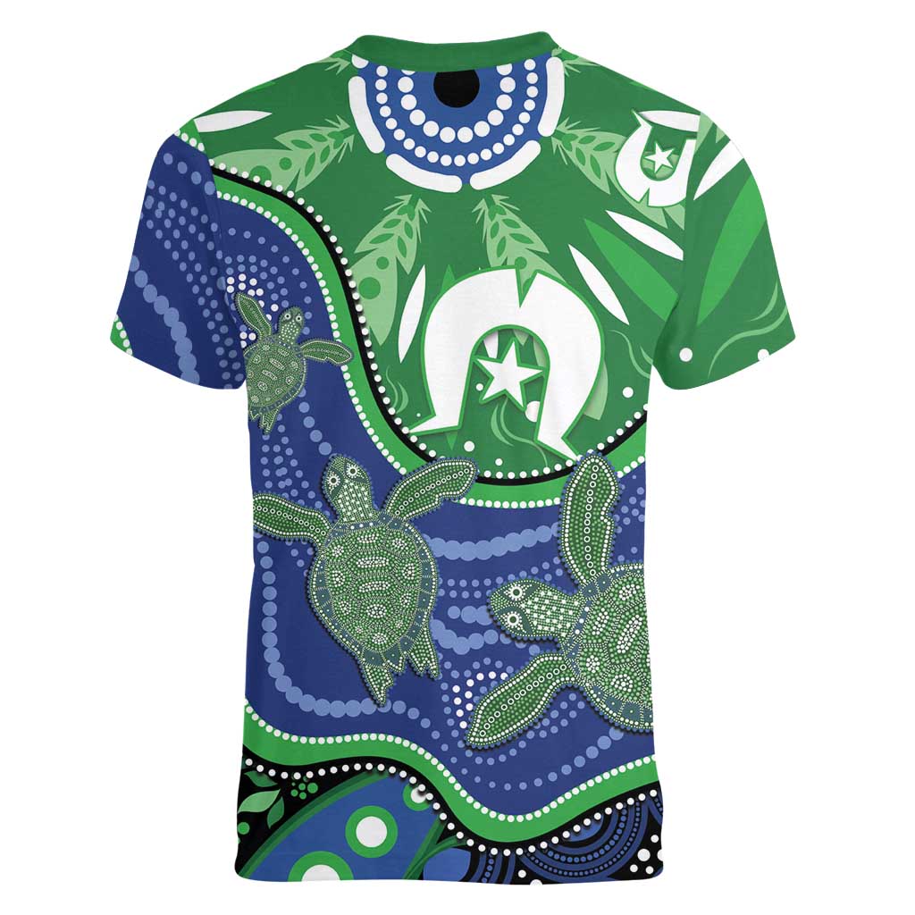 Torres Strait Islands Women V-Neck T-Shirt Dhari Turtles Sea Animal Aboriginal Dot Art