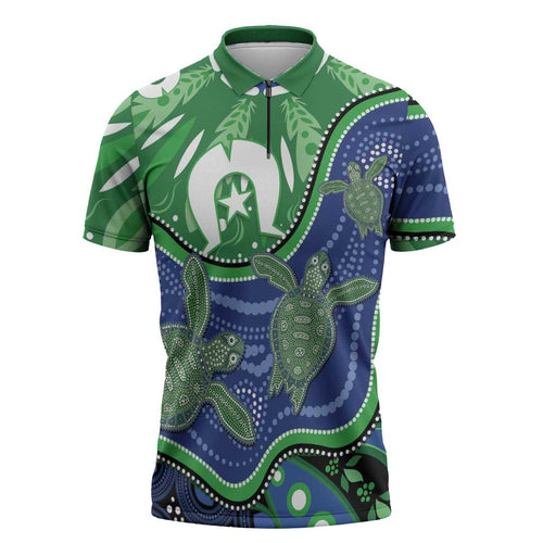 Torres Strait Islands Zipper Polo Shirt Dhari Turtles Sea Animal Aboriginal Dot Art