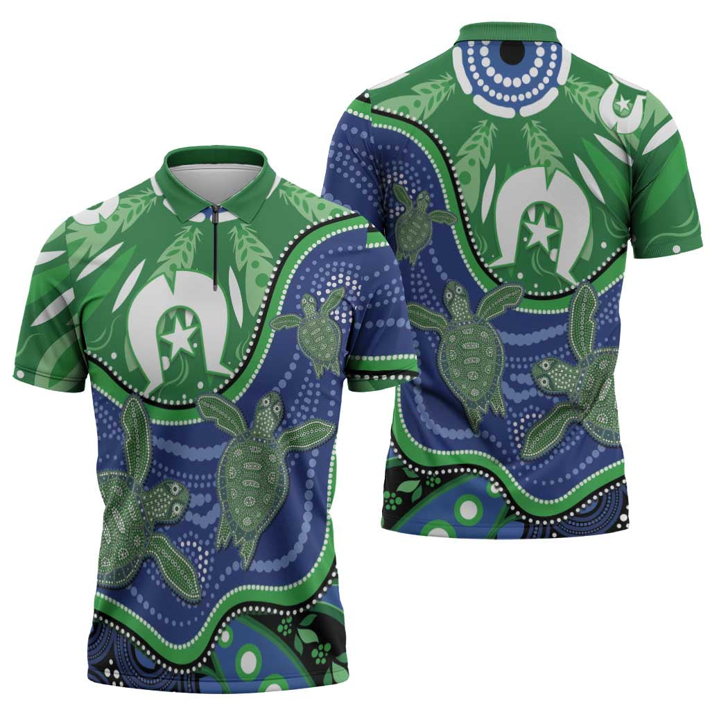 Torres Strait Islands Zipper Polo Shirt Dhari Turtles Sea Animal Aboriginal Dot Art