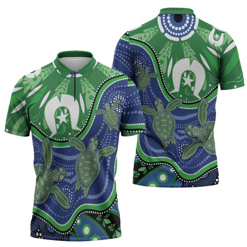 Torres Strait Islands Zipper Polo Shirt Dhari Turtles Sea Animal Aboriginal Dot Art