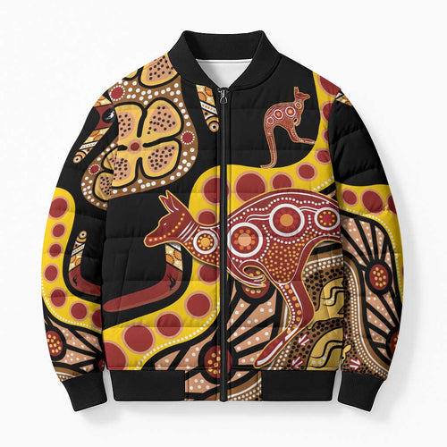 Kangaroo Australia Bomber Puffer Jacket Aussie Aboriginal Dot Art