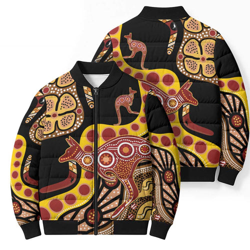 Kangaroo Australia Bomber Puffer Jacket Aussie Aboriginal Dot Art