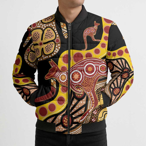 Kangaroo Australia Bomber Puffer Jacket Aussie Aboriginal Dot Art