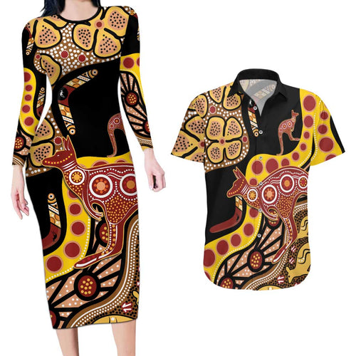 Kangaroo Australia Couples Matching Long Sleeve Bodycon Dress and Hawaiian Shirt Aussie Aboriginal Dot Art