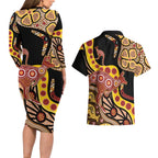 Kangaroo Australia Couples Matching Long Sleeve Bodycon Dress and Hawaiian Shirt Aussie Aboriginal Dot Art