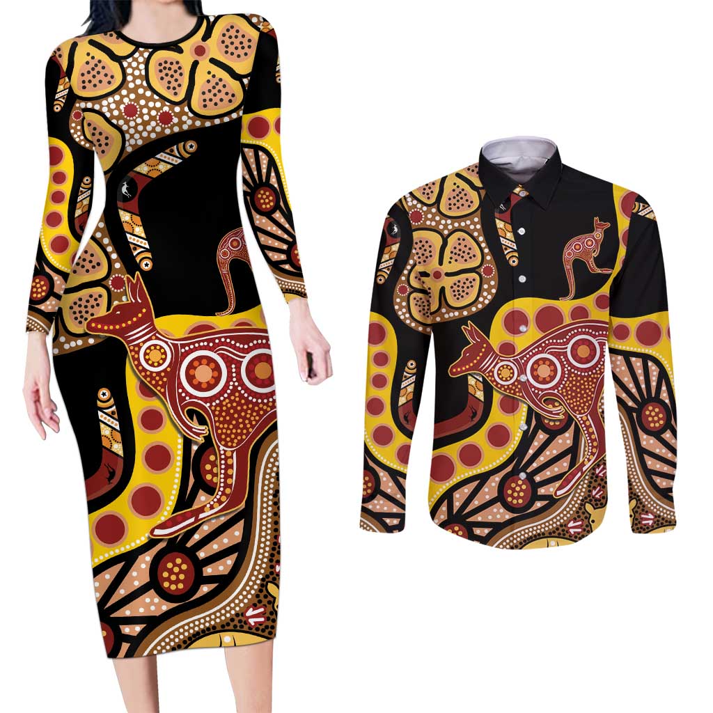 Kangaroo Australia Couples Matching Long Sleeve Bodycon Dress and Long Sleeve Button Shirt Aussie Aboriginal Dot Art
