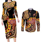 Kangaroo Australia Couples Matching Long Sleeve Bodycon Dress and Long Sleeve Button Shirt Aussie Aboriginal Dot Art