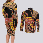Kangaroo Australia Couples Matching Long Sleeve Bodycon Dress and Long Sleeve Button Shirt Aussie Aboriginal Dot Art
