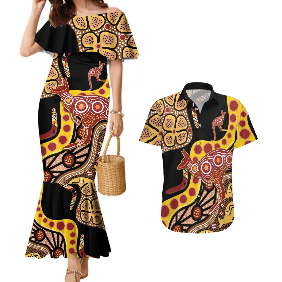 Kangaroo Australia Couples Matching Mermaid Dress and Hawaiian Shirt Aussie Aboriginal Dot Art