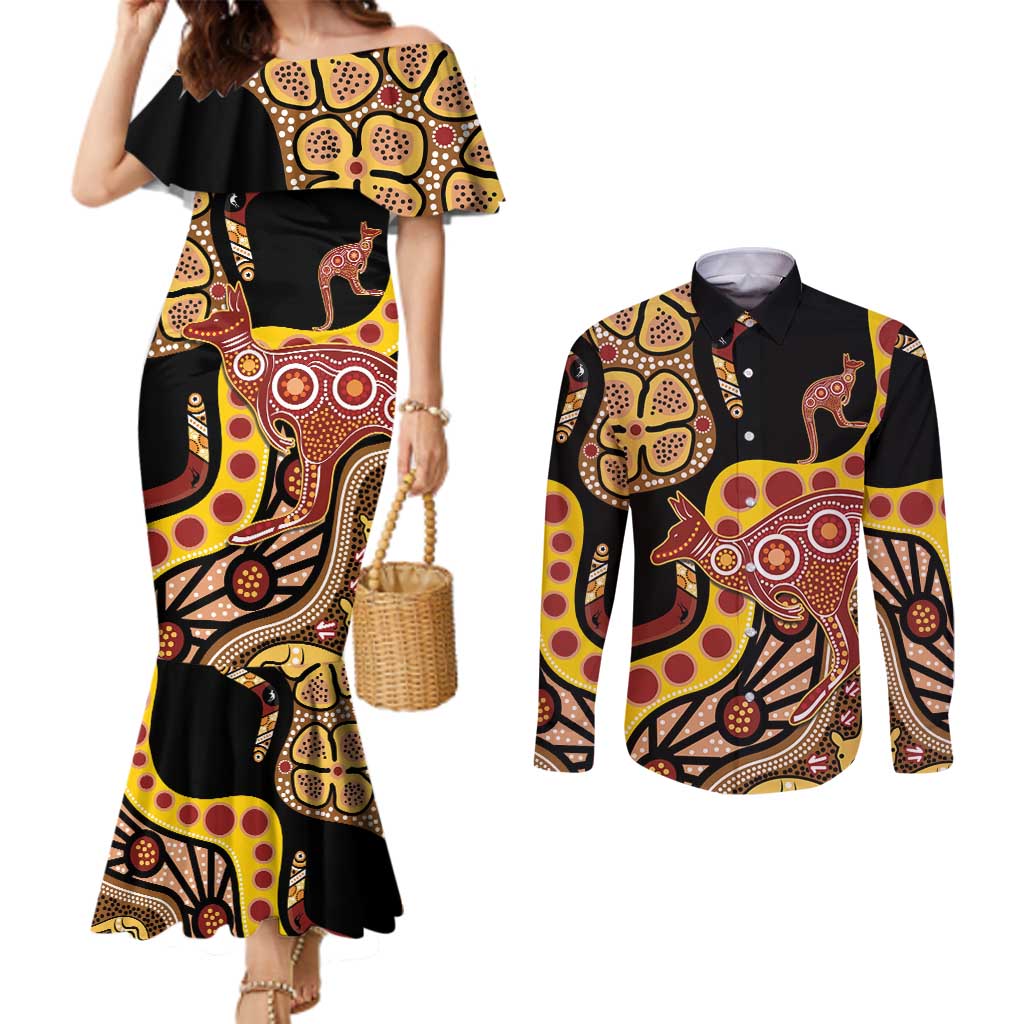Kangaroo Australia Couples Matching Mermaid Dress and Long Sleeve Button Shirt Aussie Aboriginal Dot Art