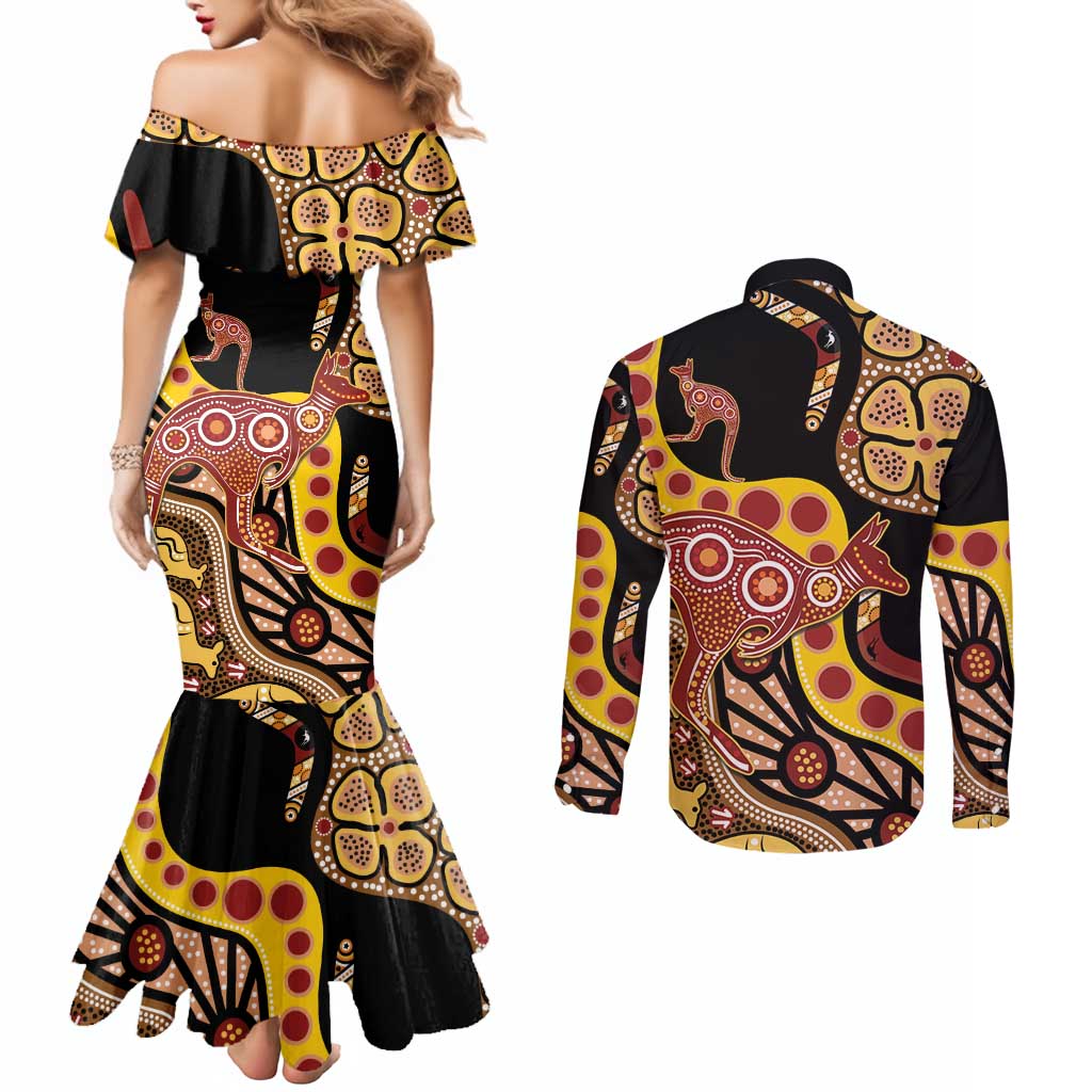 Kangaroo Australia Couples Matching Mermaid Dress and Long Sleeve Button Shirt Aussie Aboriginal Dot Art