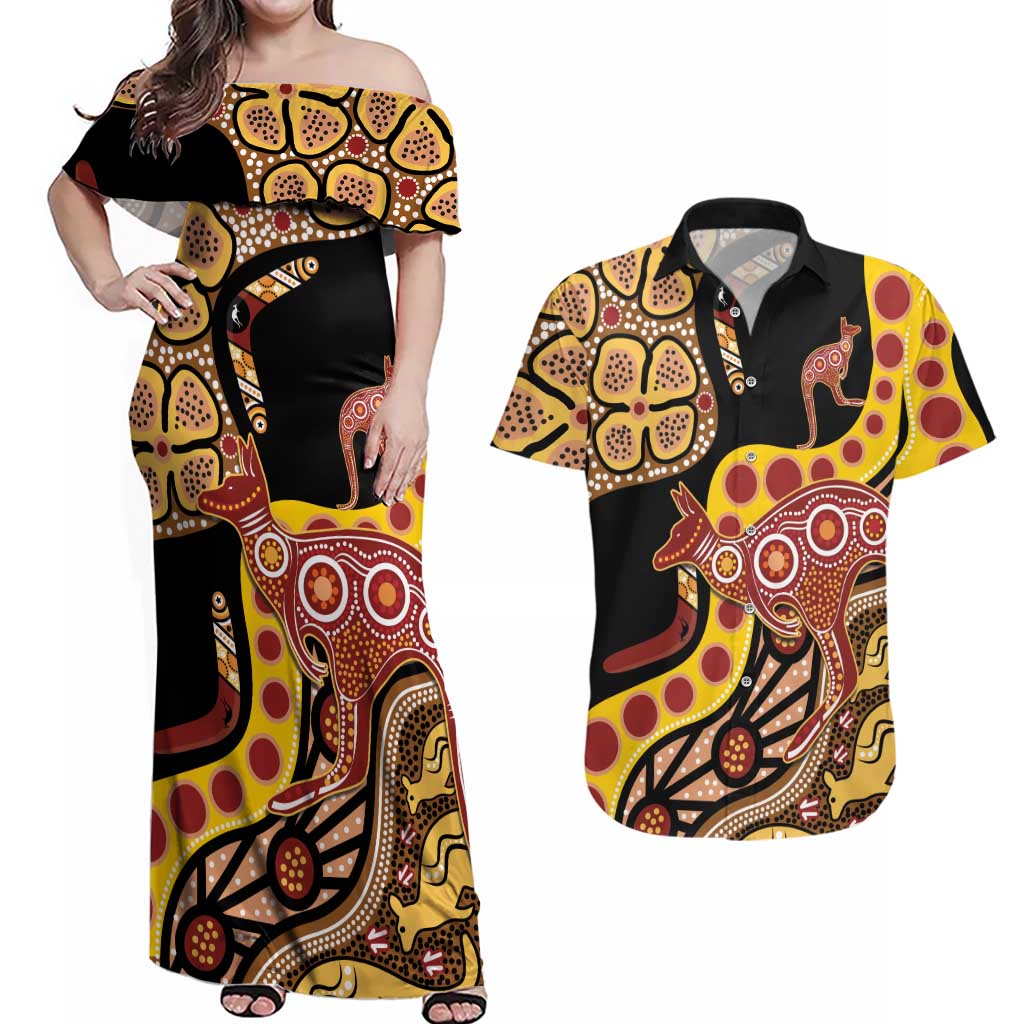 Kangaroo Australia Couples Matching Off Shoulder Maxi Dress and Hawaiian Shirt Aussie Aboriginal Dot Art