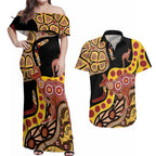 Kangaroo Australia Couples Matching Off Shoulder Maxi Dress and Hawaiian Shirt Aussie Aboriginal Dot Art
