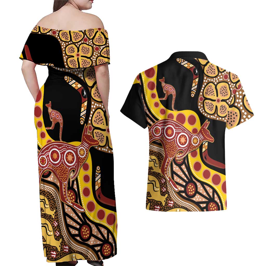 Kangaroo Australia Couples Matching Off Shoulder Maxi Dress and Hawaiian Shirt Aussie Aboriginal Dot Art
