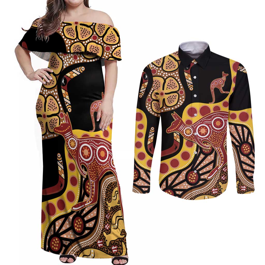 Kangaroo Australia Couples Matching Off Shoulder Maxi Dress and Long Sleeve Button Shirt Aussie Aboriginal Dot Art