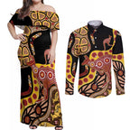 Kangaroo Australia Couples Matching Off Shoulder Maxi Dress and Long Sleeve Button Shirt Aussie Aboriginal Dot Art