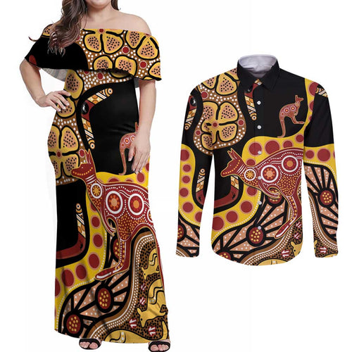 Kangaroo Australia Couples Matching Off Shoulder Maxi Dress and Long Sleeve Button Shirt Aussie Aboriginal Dot Art