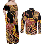 Kangaroo Australia Couples Matching Off Shoulder Maxi Dress and Long Sleeve Button Shirt Aussie Aboriginal Dot Art