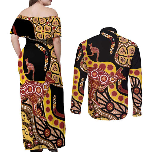 Kangaroo Australia Couples Matching Off Shoulder Maxi Dress and Long Sleeve Button Shirt Aussie Aboriginal Dot Art