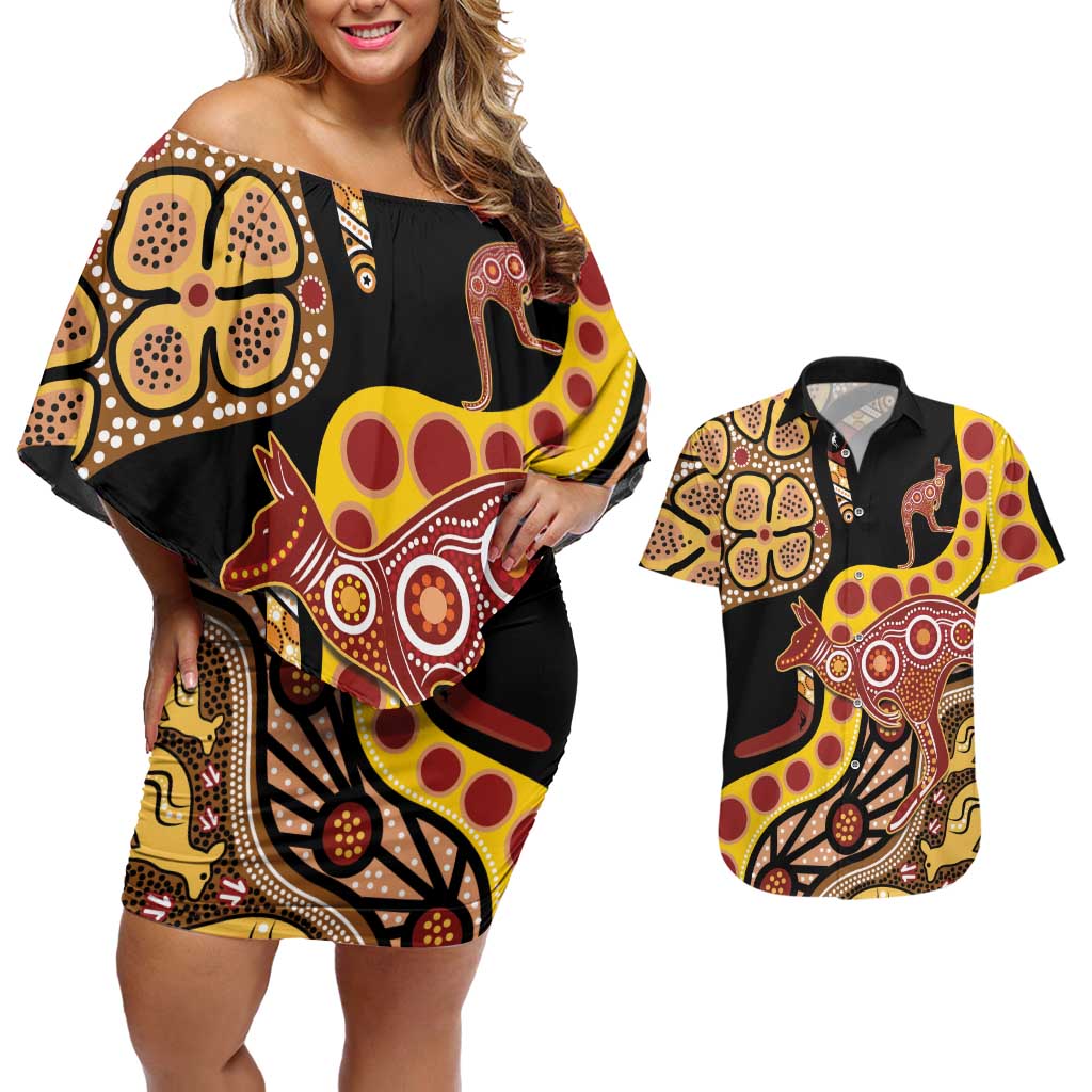 Kangaroo Australia Couples Matching Off Shoulder Short Dress and Hawaiian Shirt Aussie Aboriginal Dot Art