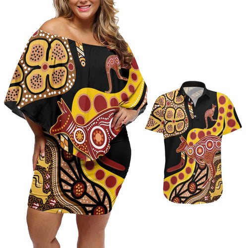 Kangaroo Australia Couples Matching Off Shoulder Short Dress and Hawaiian Shirt Aussie Aboriginal Dot Art