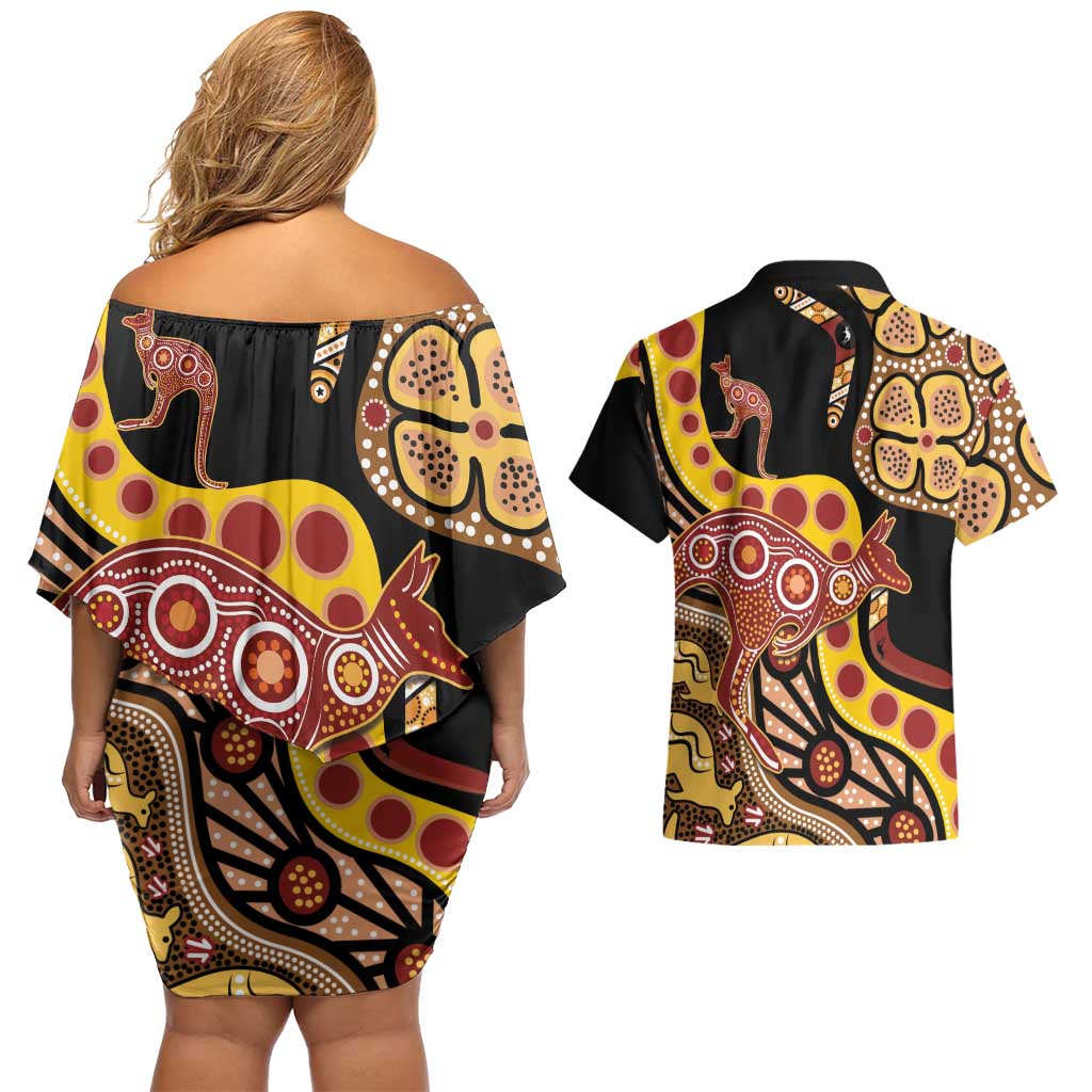 Kangaroo Australia Couples Matching Off Shoulder Short Dress and Hawaiian Shirt Aussie Aboriginal Dot Art
