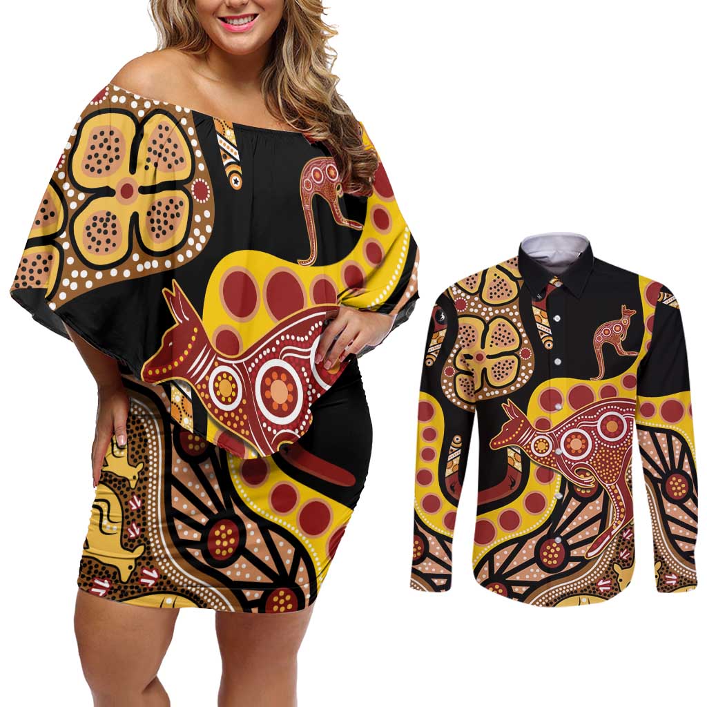 Kangaroo Australia Couples Matching Off Shoulder Short Dress and Long Sleeve Button Shirt Aussie Aboriginal Dot Art