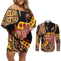 Kangaroo Australia Couples Matching Off Shoulder Short Dress and Long Sleeve Button Shirt Aussie Aboriginal Dot Art
