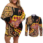 Kangaroo Australia Couples Matching Off Shoulder Short Dress and Long Sleeve Button Shirt Aussie Aboriginal Dot Art