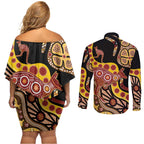 Kangaroo Australia Couples Matching Off Shoulder Short Dress and Long Sleeve Button Shirt Aussie Aboriginal Dot Art