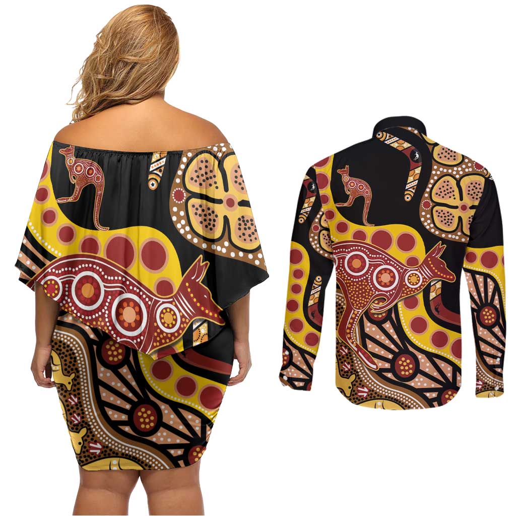 Kangaroo Australia Couples Matching Off Shoulder Short Dress and Long Sleeve Button Shirt Aussie Aboriginal Dot Art